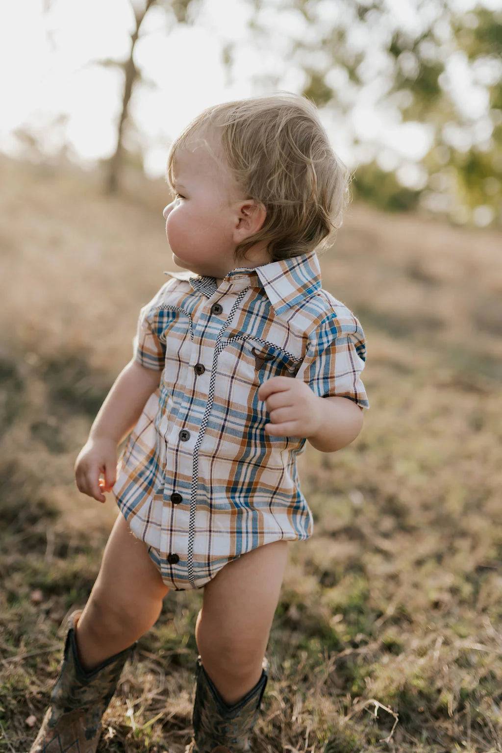 Dallas Checked Tan Short Sleeve Romper