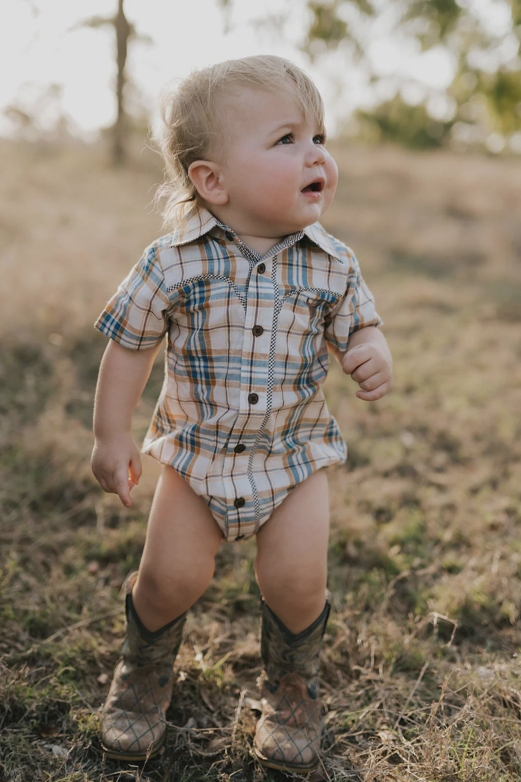 Dallas Checked Tan Short Sleeve Romper