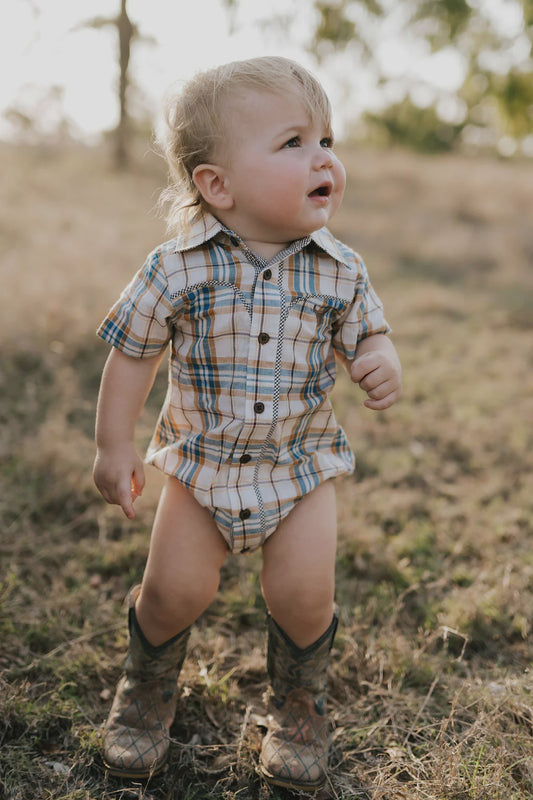 Dallas Checked Tan Short Sleeve Romper