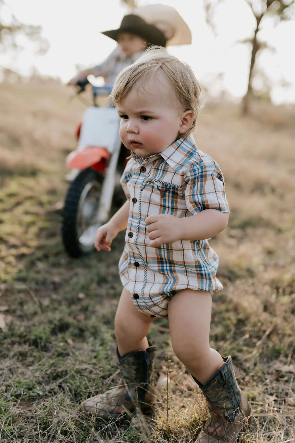 Dallas Checked Tan Short Sleeve Romper