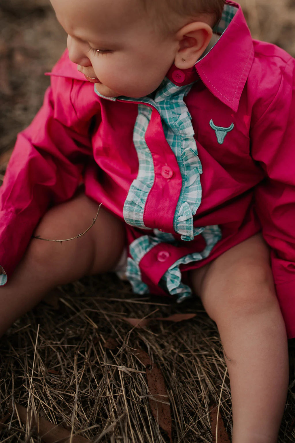 Carly Hot Pink and Teal Checked Long Sleeve Romper