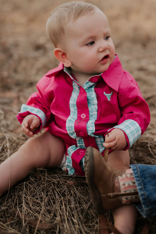 Carly Hot Pink and Teal Checked Long Sleeve Romper