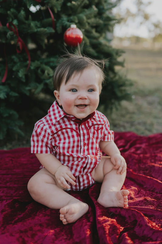 Barnley Deep Red Checked Short Sleeve Romper