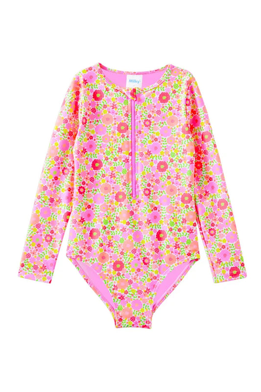 Neon Bloom Long Sleeve Swimsuit
