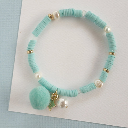 Aqua Pom Pom Elastic Bracelet