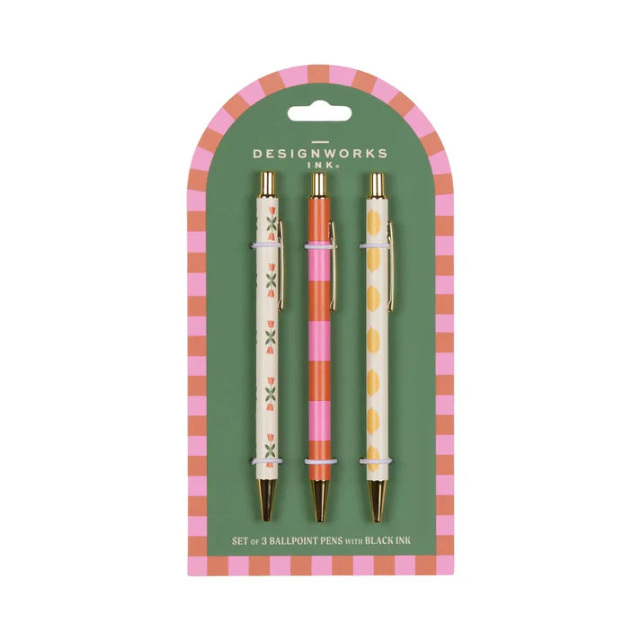 Set of 3 Pens Flower, Stripes, Lemon