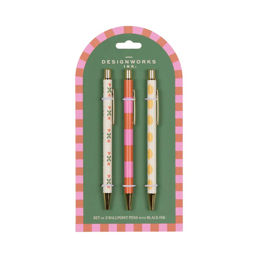 Set of 3 Pens Flower, Stripes, Lemon