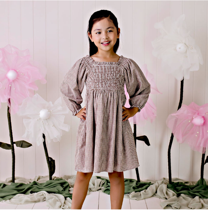 Lily L/S Puff Sleeve Dress Choc Gingham