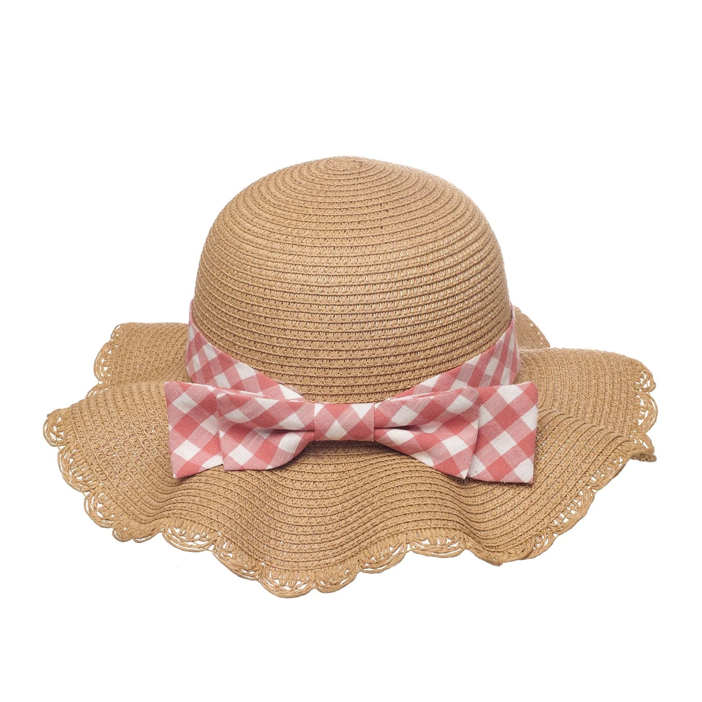 Gingham Bow Scalloped Straw Sun Hat 3-6yrs