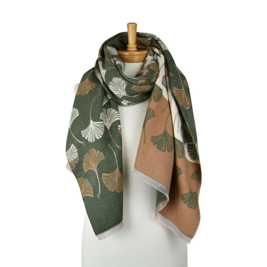 Reversible Multi Gingko Scarf Olive Green