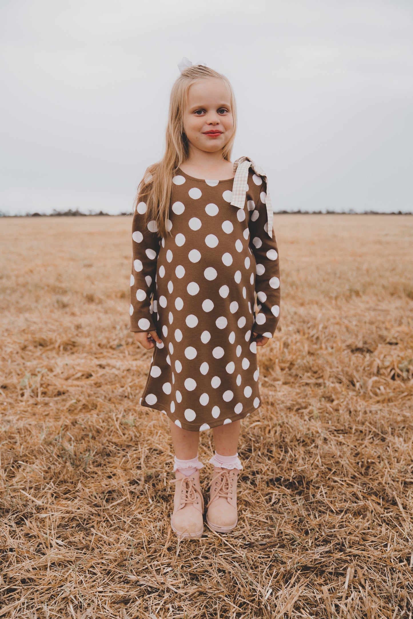 Girls Mary Dress Brown/White Spot