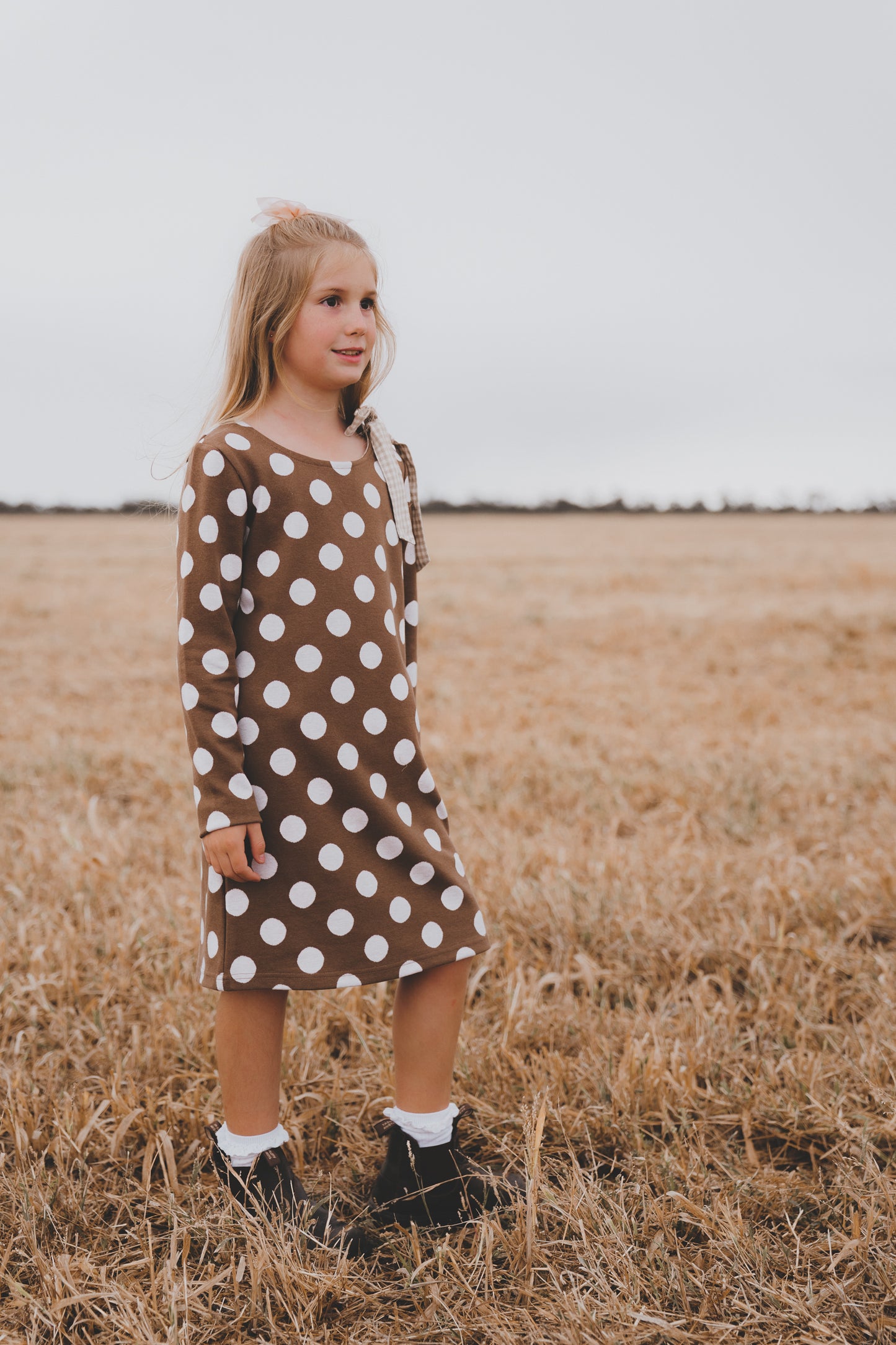 Girls Mary Dress Brown/White Spot