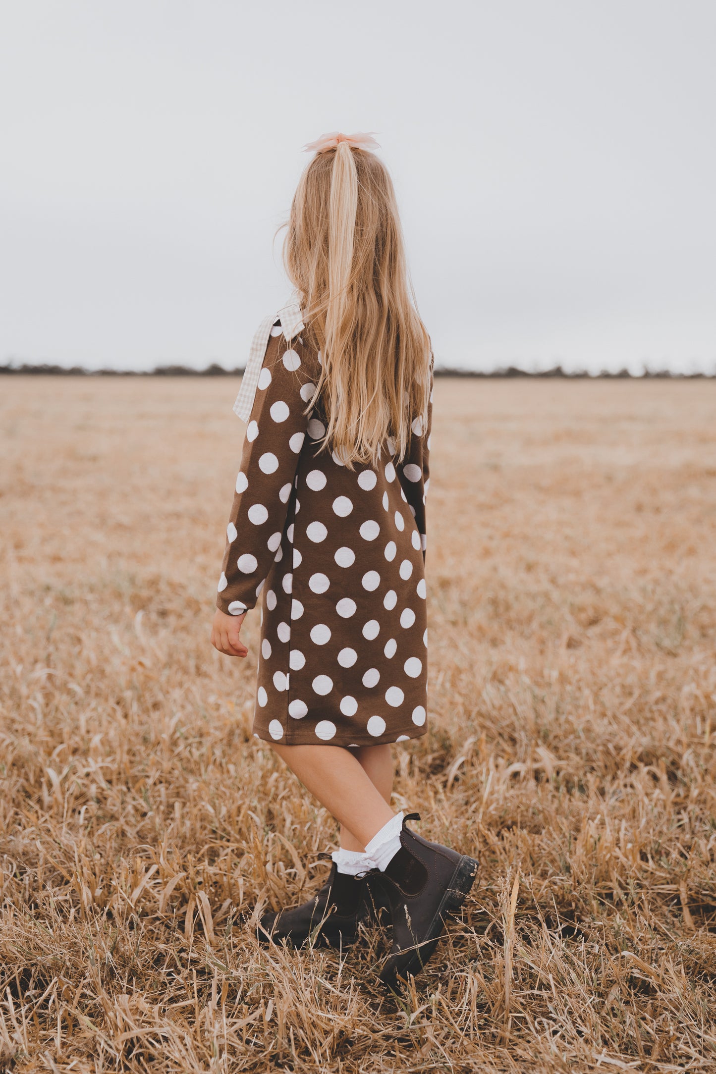 Girls Mary Dress Brown/White Spot