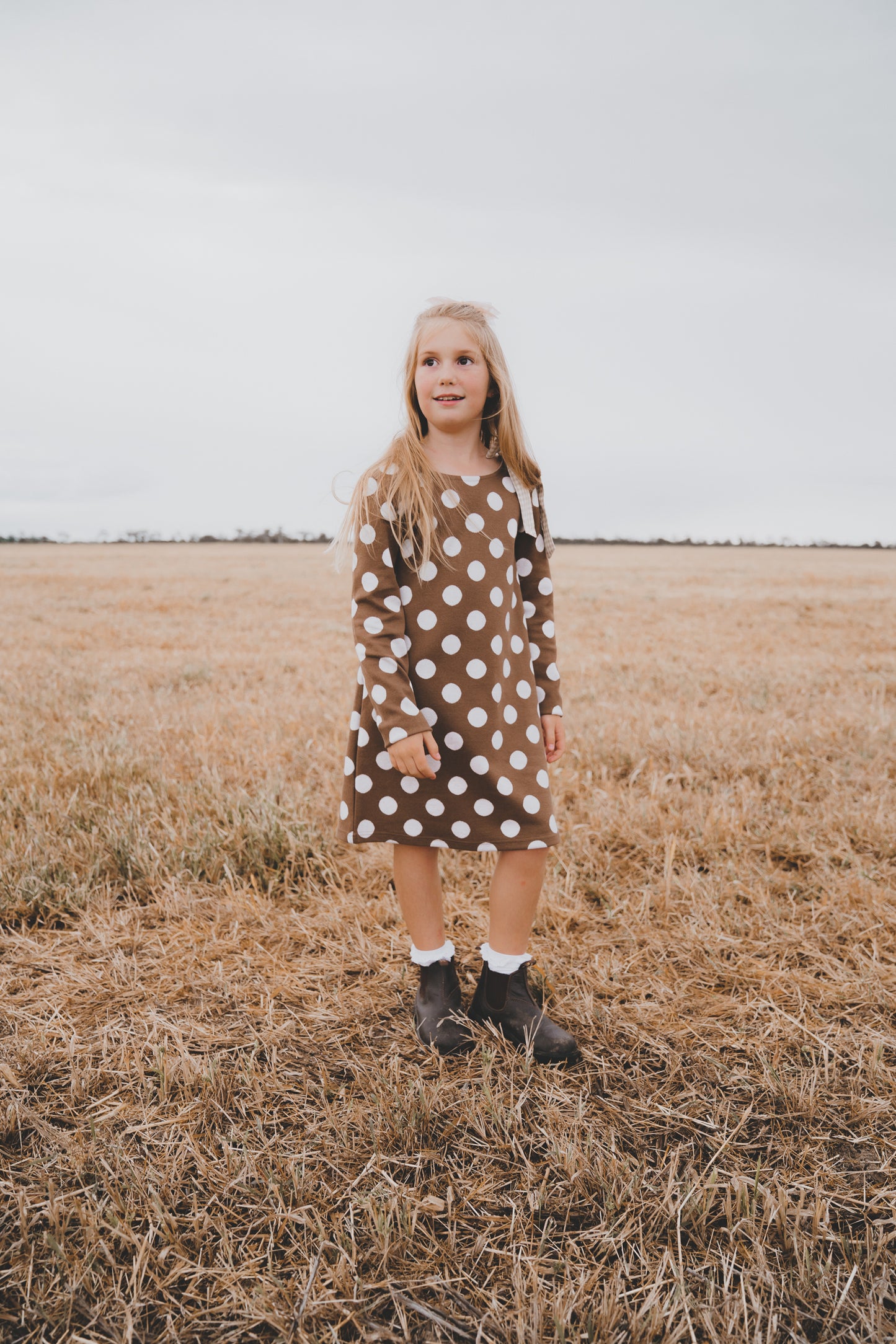 Girls Mary Dress Brown/White Spot