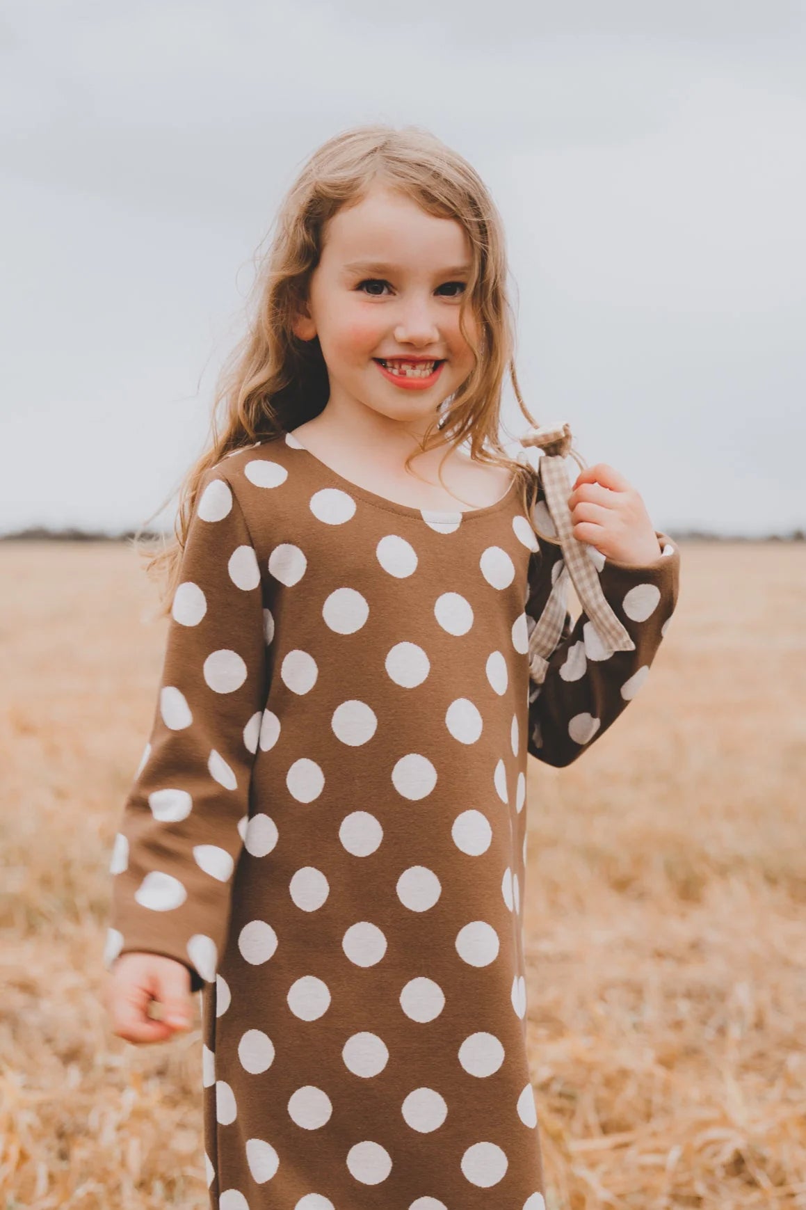 Girls Mary Dress Brown/White Spot