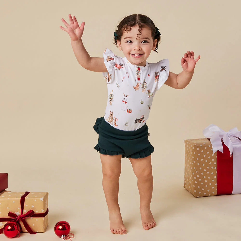 Christmas Pups Short Sleeve Bodysuit with Frill