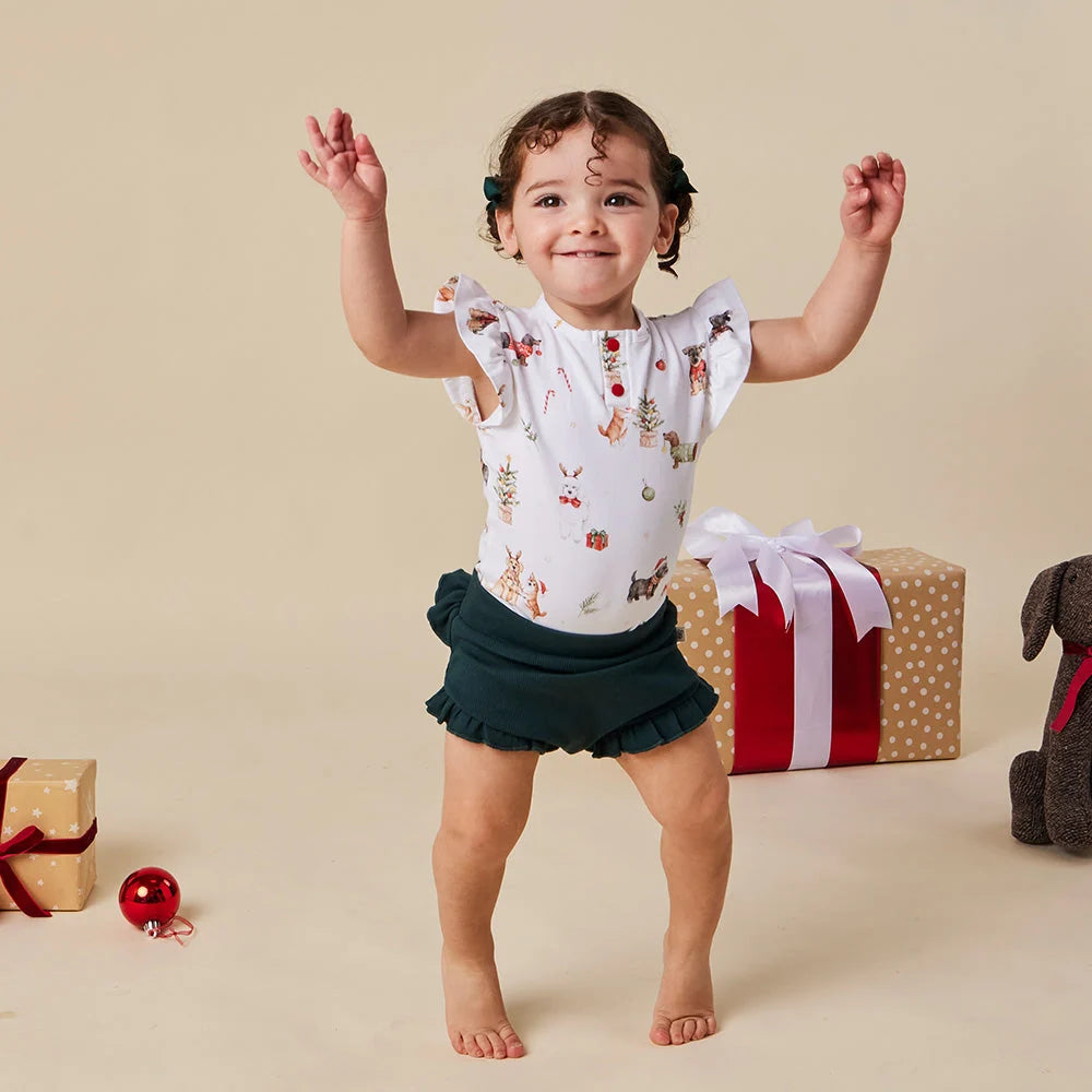 Christmas Pups Short Sleeve Bodysuit with Frill