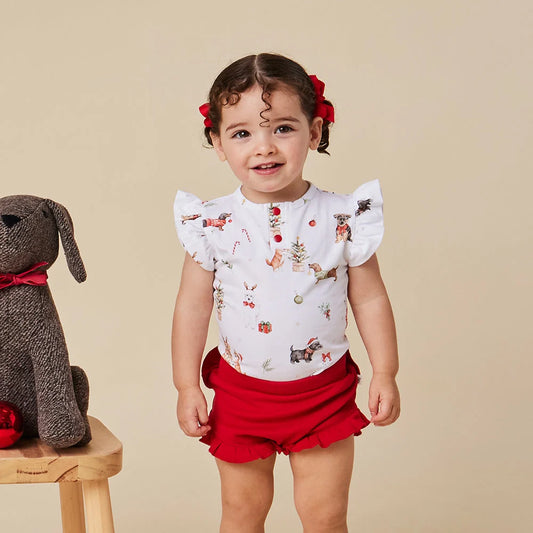 Christmas Pups Short Sleeve Bodysuit with Frill