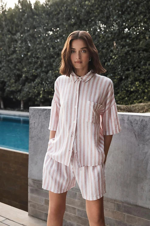 Evie Stripe Linen Short Set Pink