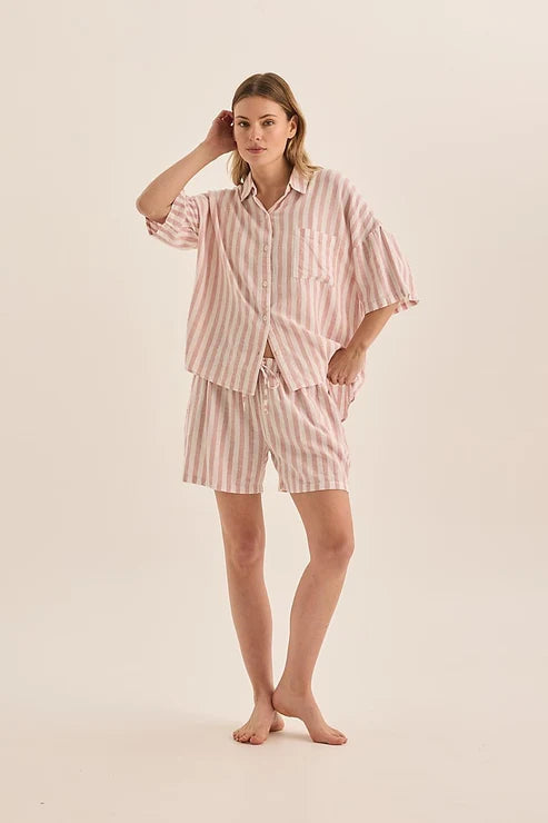 Evie Stripe Linen Short Set Pink