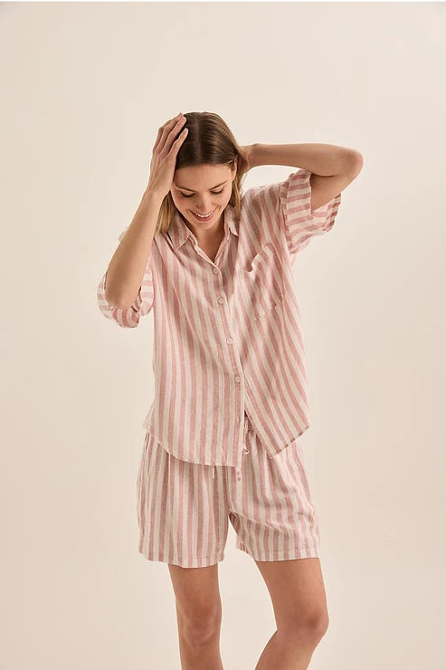 Evie Stripe Linen Short Set Pink