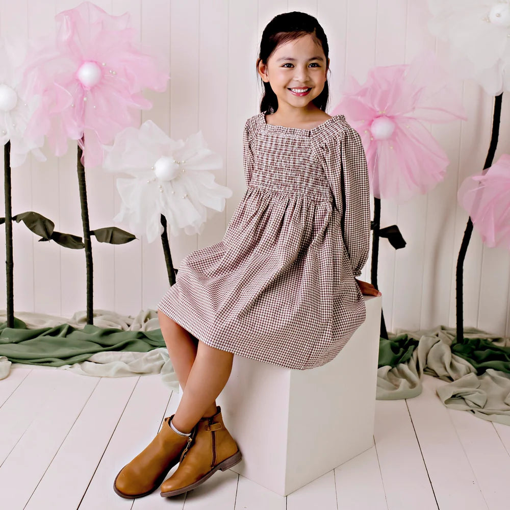 Lily L/S Puff Sleeve Dress Choc Gingham