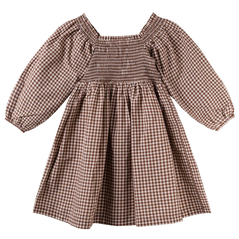 Lily L/S Puff Sleeve Dress Choc Gingham