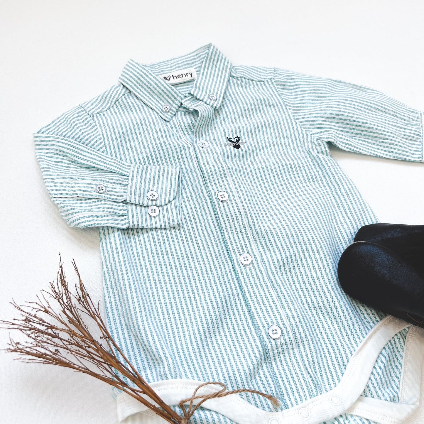 Baby Boys Dress Shirt Romper - Green Pinstripe