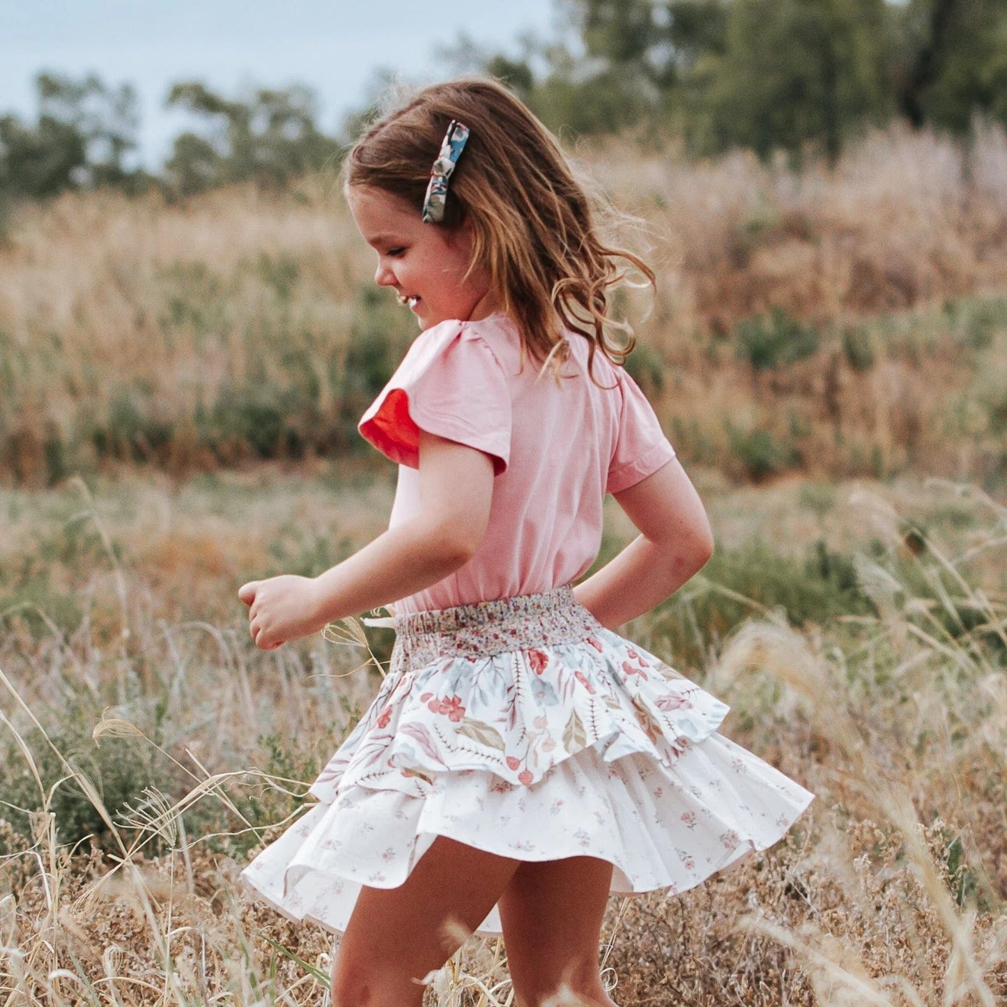 Girls Frill Sleeve Top Peach Pink