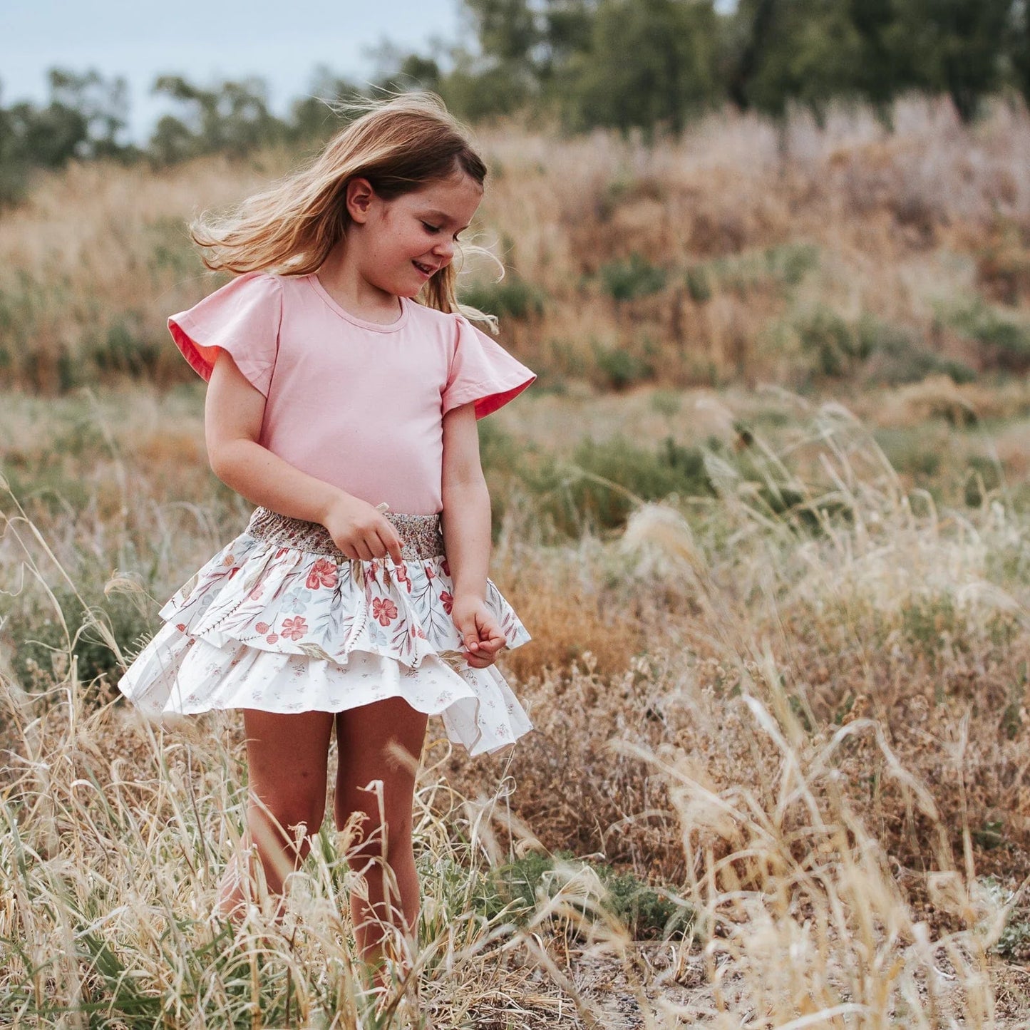 Girls Frill Sleeve Top Peach Pink