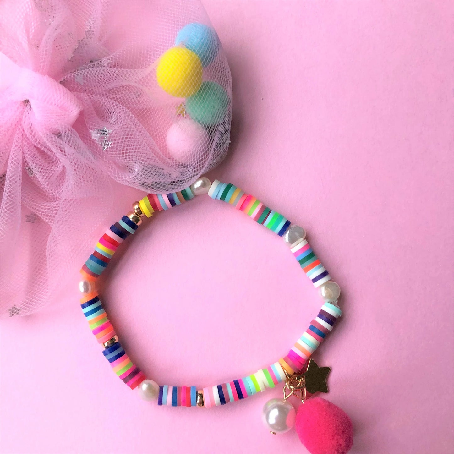 Rainbow Pom Pom Elastic Bracelet