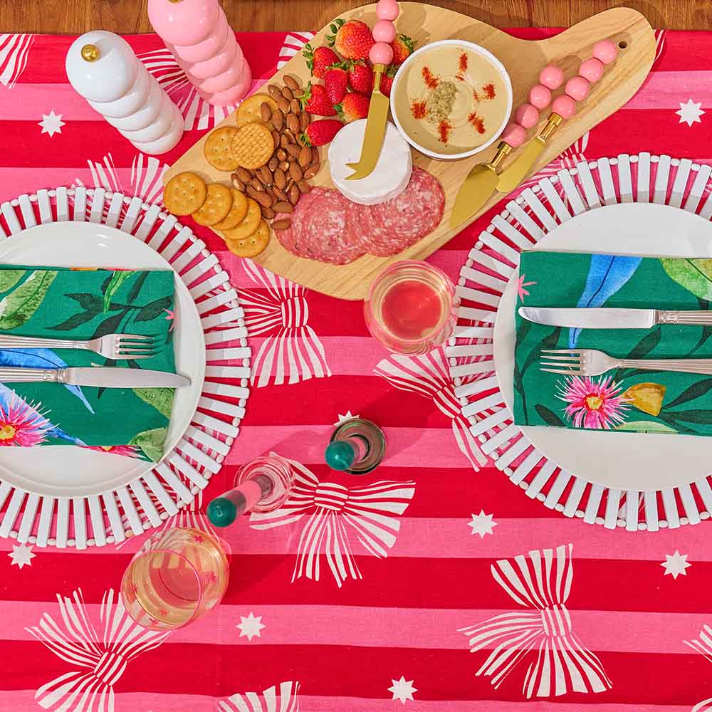 Linen Cotton Tablecloth (138cm x 240cm) Red Pink Bow