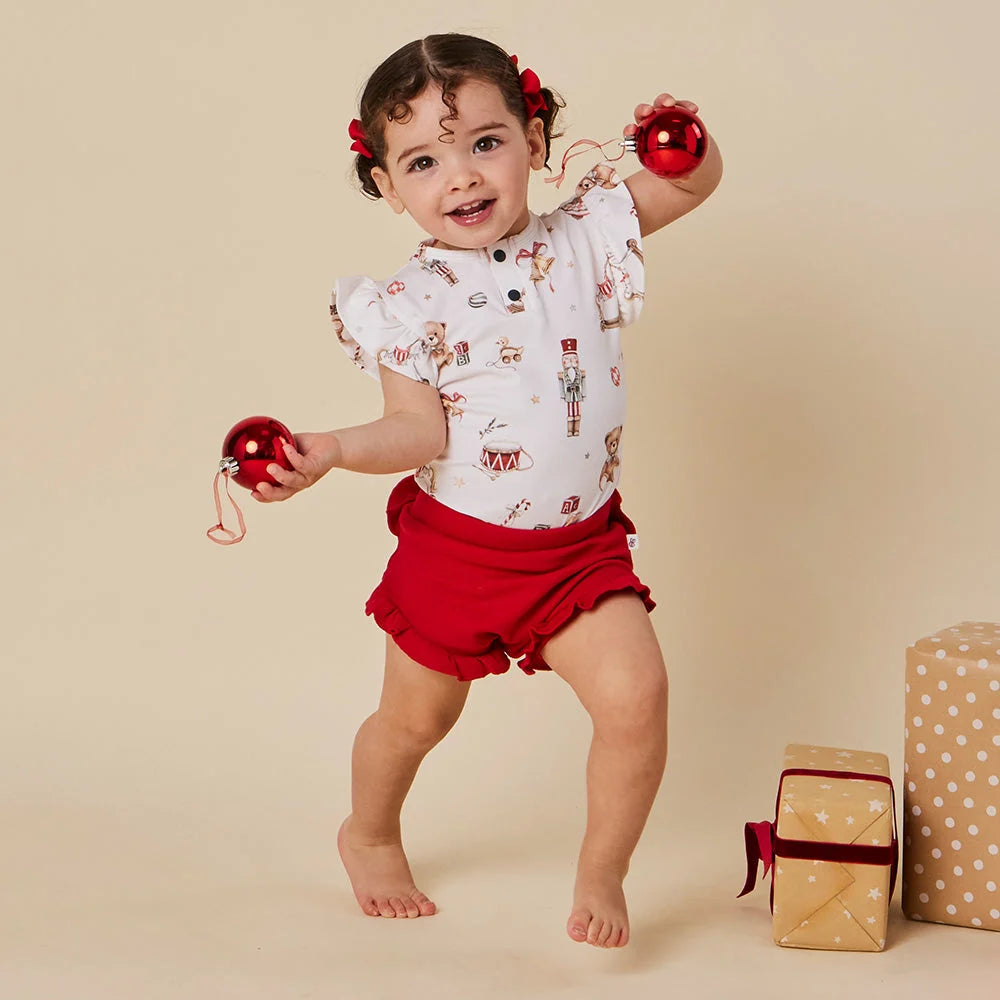 Santa's Toy Shop Short Sleeve Bodysuit with Frill
