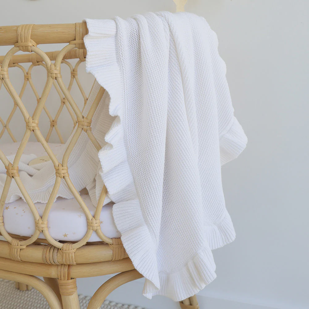 White Ruffle Knit Baby Blanket