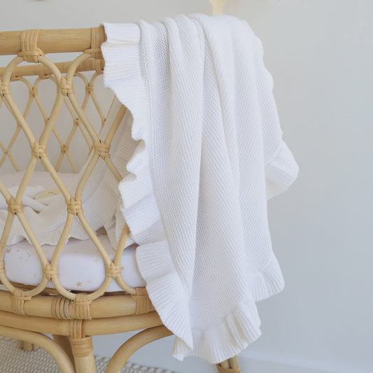 White Ruffle Knit Baby Blanket