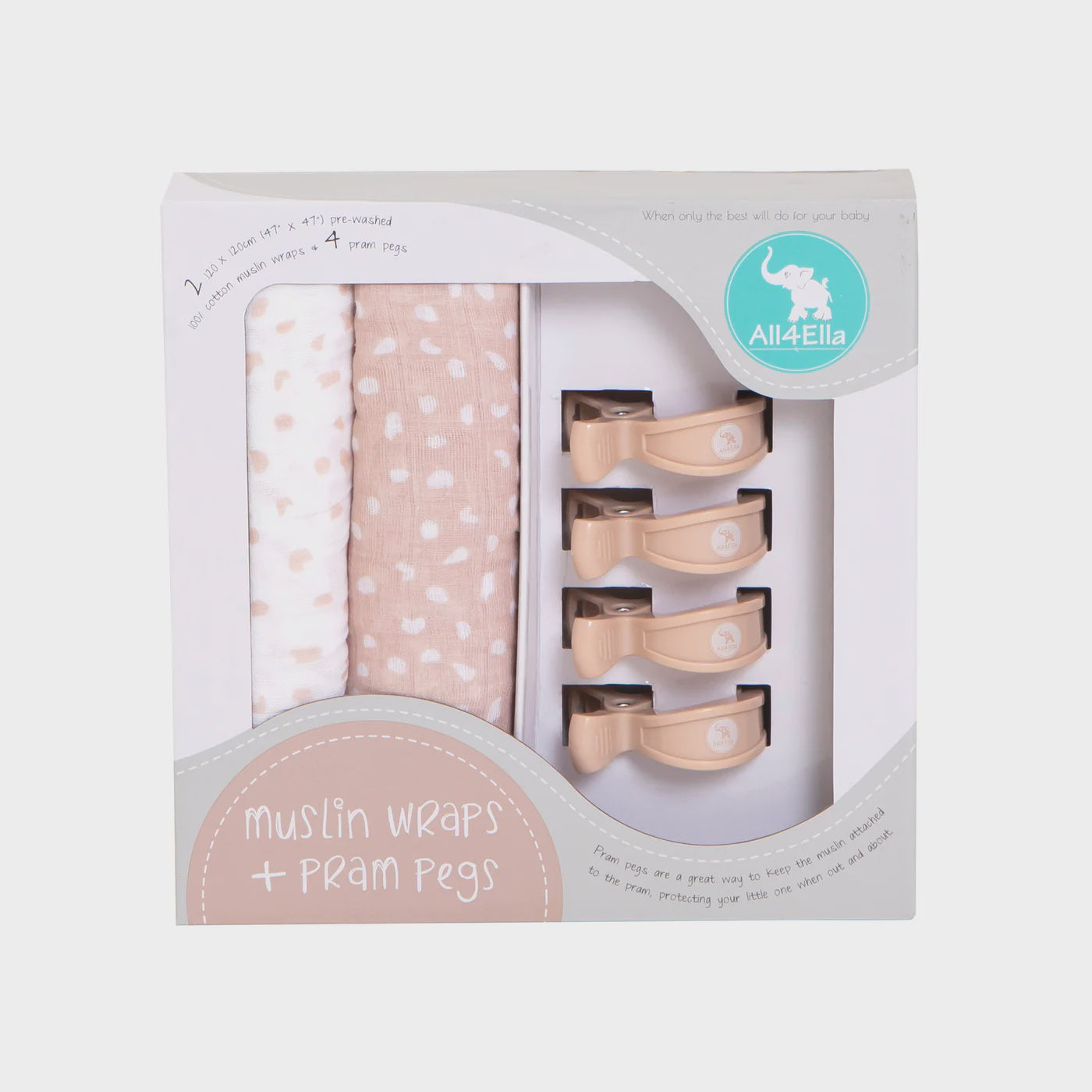 2 Muslin Wraps & 4 Pegs Beige Dots