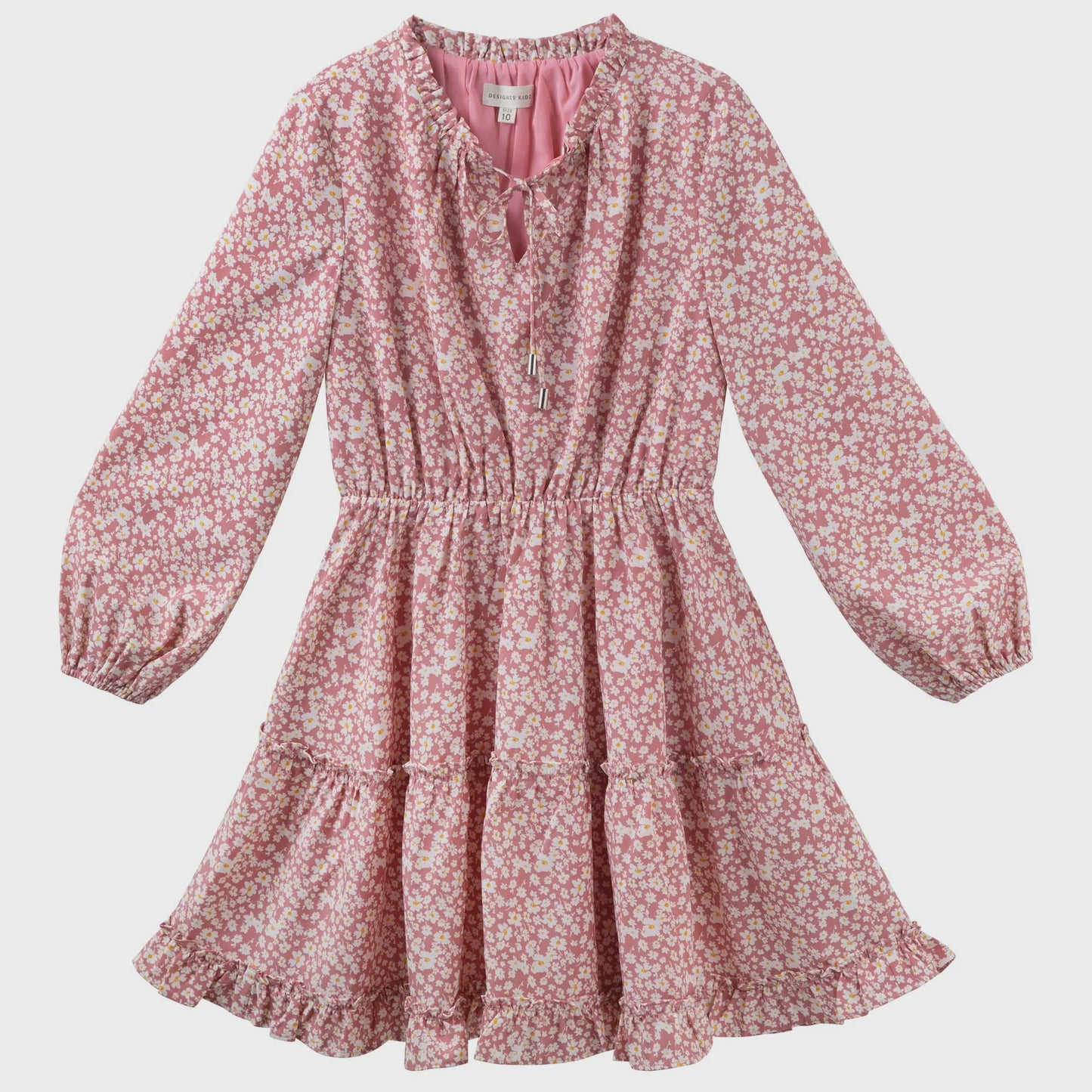 Caitlin L/S Floral Frill Dress Dusty Pink