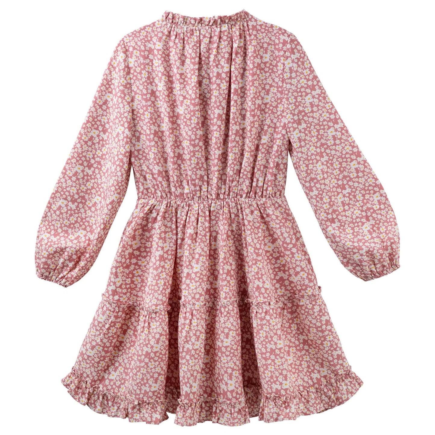 Caitlin L/S Floral Frill Dress Dusty Pink