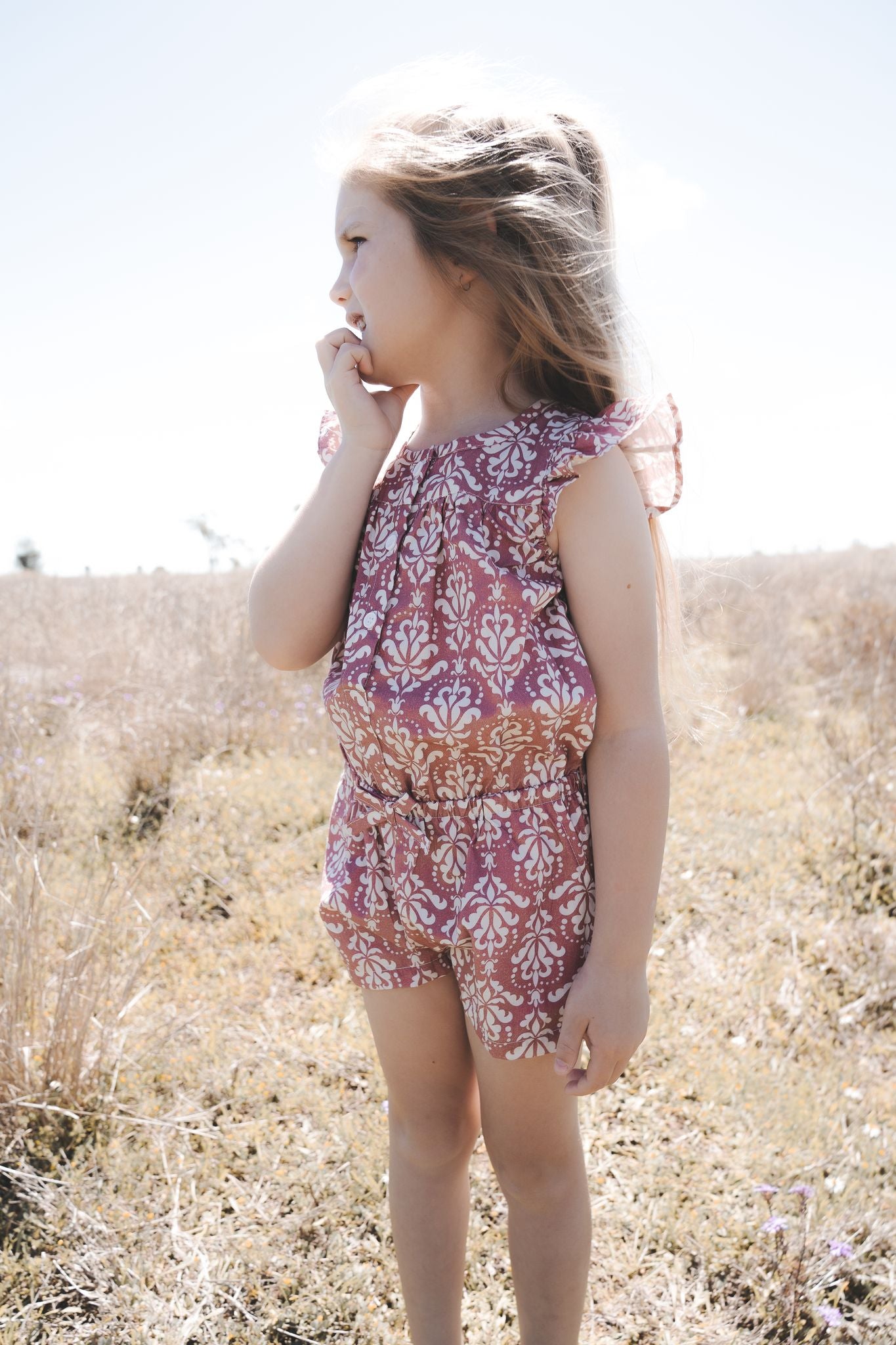 Girls Chloe Playsuit Fushia Damask